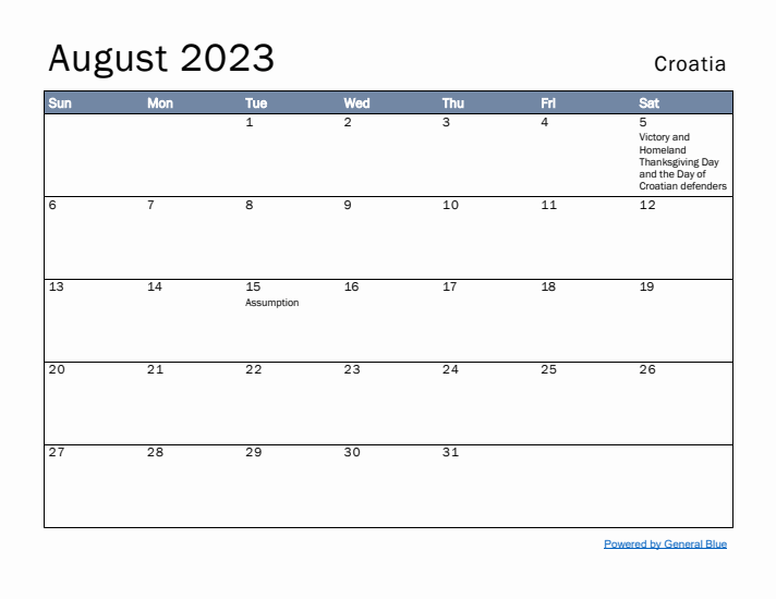 August 2023 Simple Monthly Calendar for Croatia