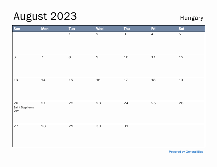 August 2023 Simple Monthly Calendar for Hungary