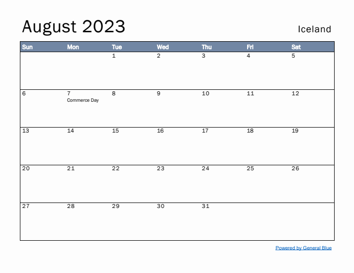 August 2023 Simple Monthly Calendar for Iceland