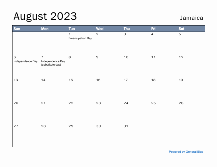 August 2023 Simple Monthly Calendar for Jamaica