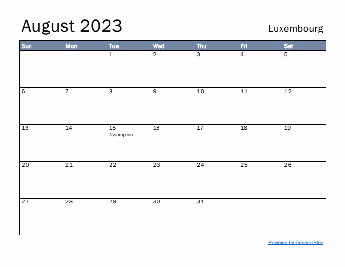 August 2023 Simple Monthly Calendar for Luxembourg