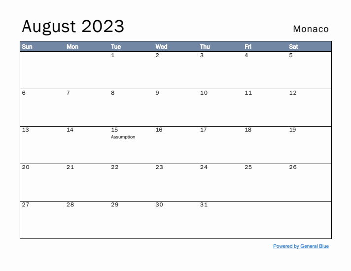 August 2023 Simple Monthly Calendar for Monaco