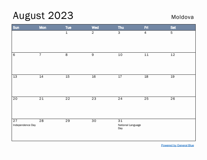 August 2023 Simple Monthly Calendar for Moldova