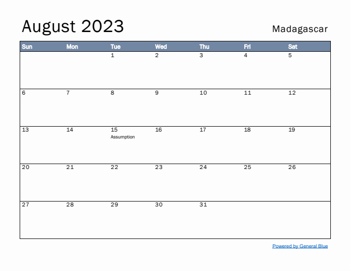 August 2023 Simple Monthly Calendar for Madagascar