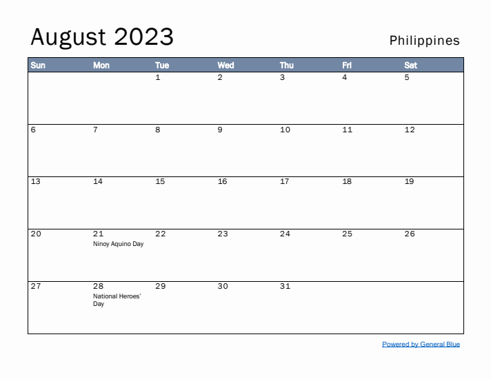 August 2023 Simple Monthly Calendar for Philippines