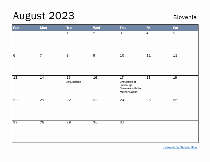 August 2023 Simple Monthly Calendar for Slovenia