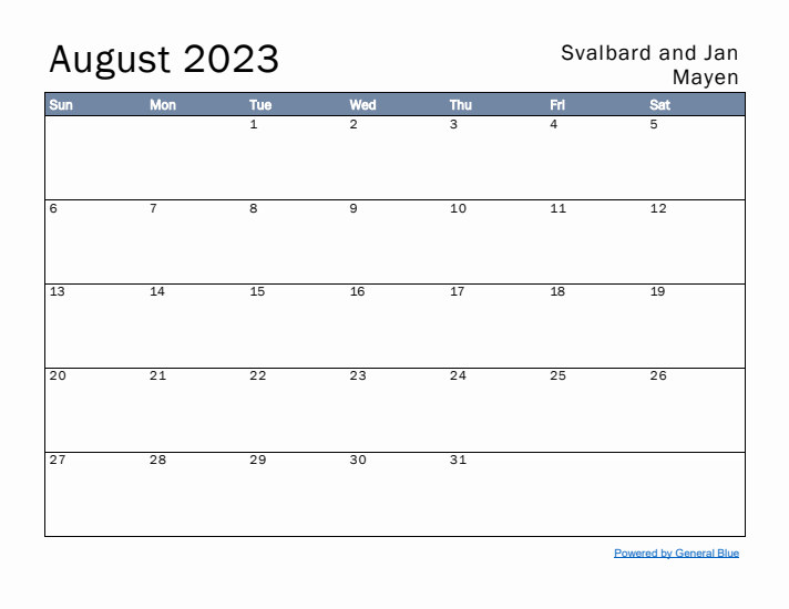 August 2023 Simple Monthly Calendar for Svalbard and Jan Mayen