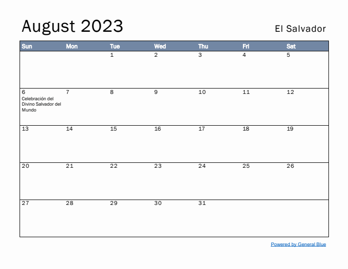 August 2023 Simple Monthly Calendar for El Salvador