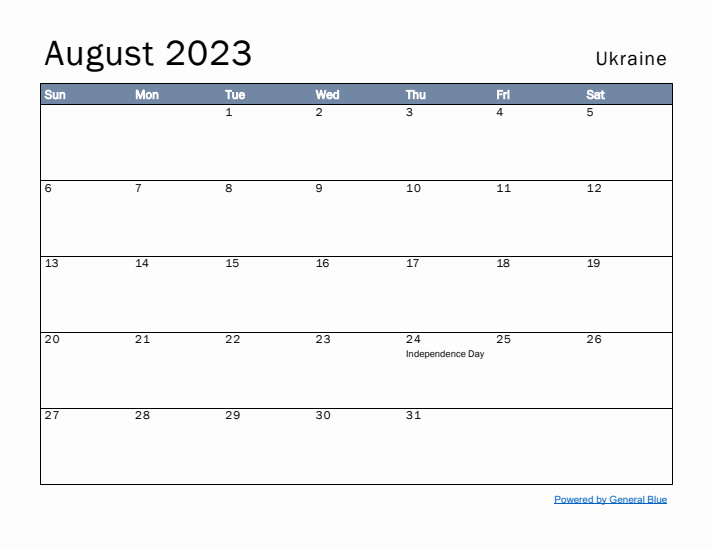 August 2023 Simple Monthly Calendar for Ukraine