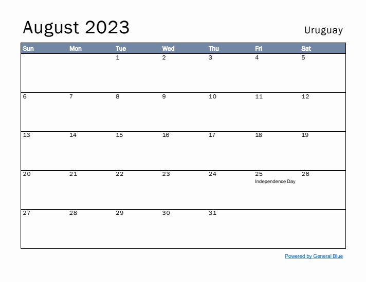 August 2023 Simple Monthly Calendar for Uruguay