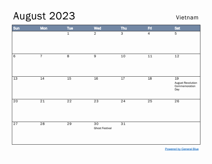 August 2023 Simple Monthly Calendar for Vietnam