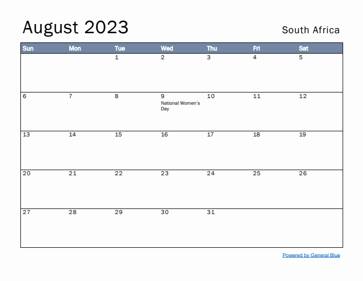 August 2023 Simple Monthly Calendar for South Africa