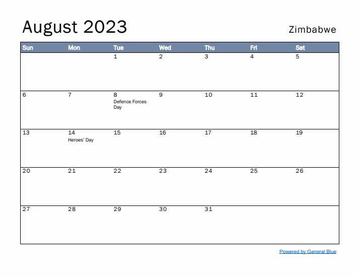 August 2023 Simple Monthly Calendar for Zimbabwe