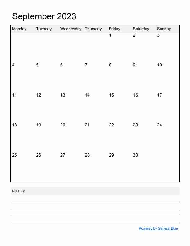 Basic Monthly Calendar Template for September 2023