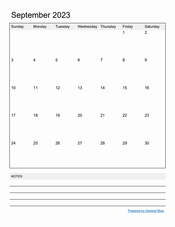 Basic Monthly Calendar Template for September 2023