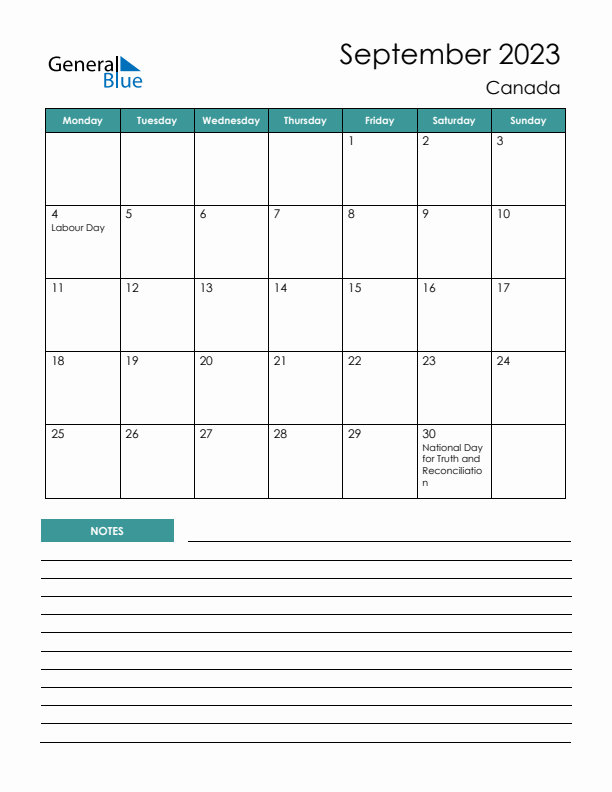 Calendar with Notes Printable - Monday Start