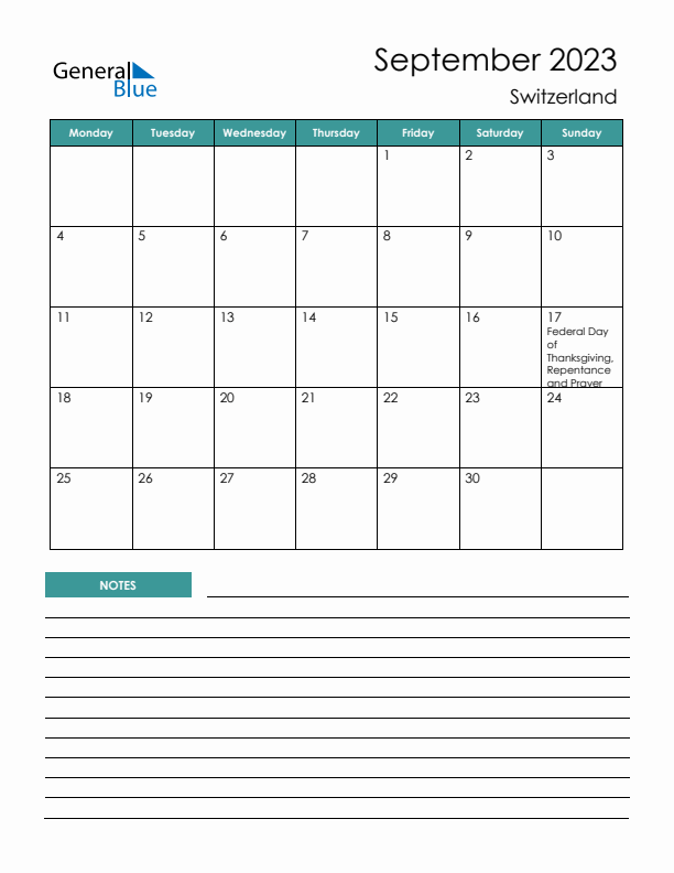 Calendar with Notes Printable - Monday Start