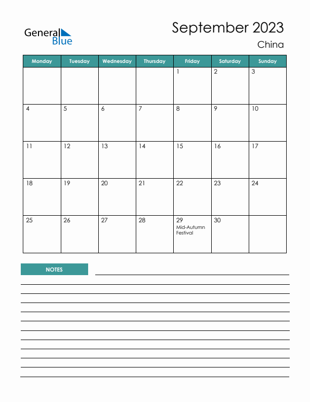 Calendar with Notes Printable - Monday Start