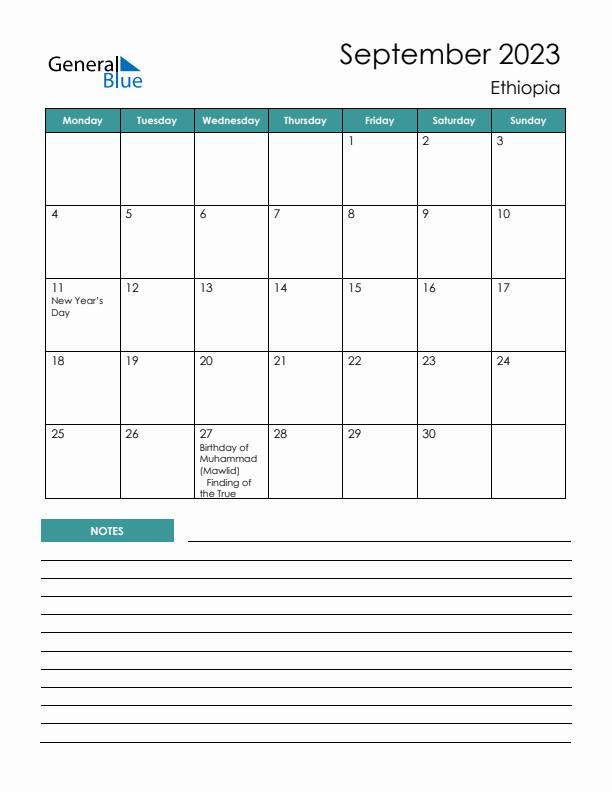 Calendar with Notes Printable - Monday Start