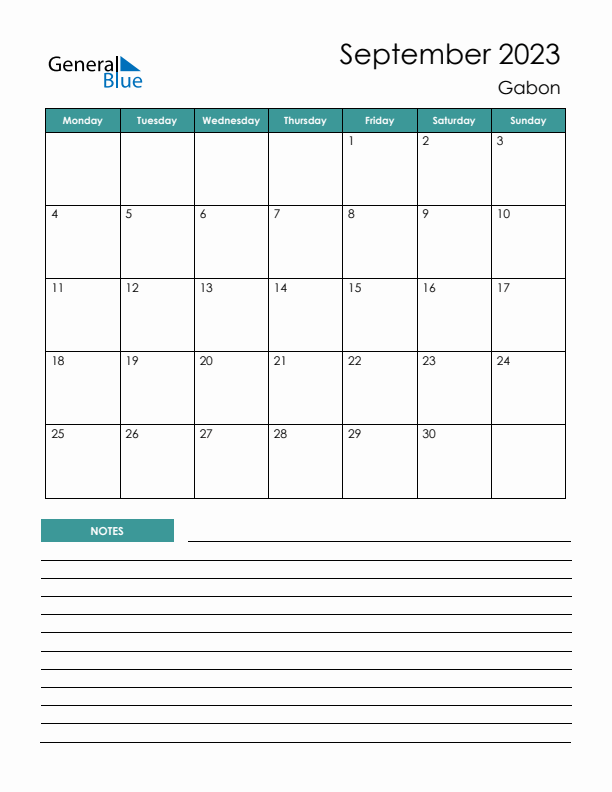 Calendar with Notes Printable - Monday Start