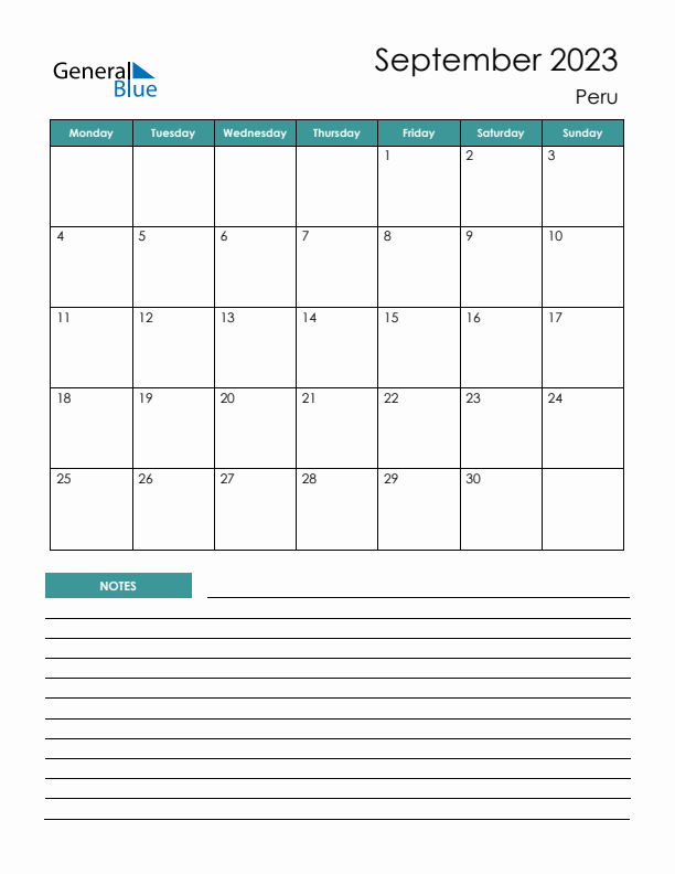 Calendar with Notes Printable - Monday Start