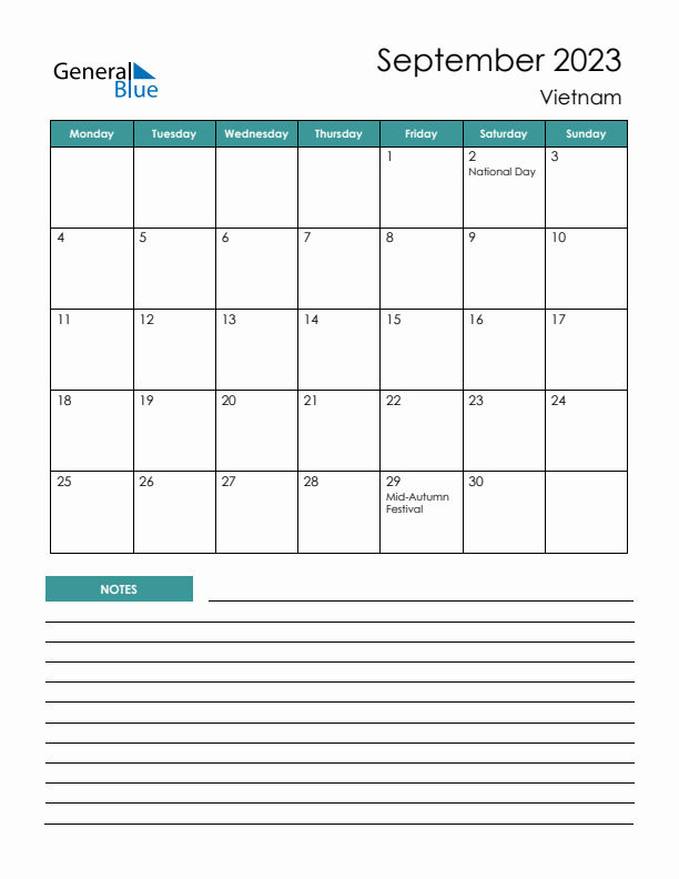 Calendar with Notes Printable - Monday Start