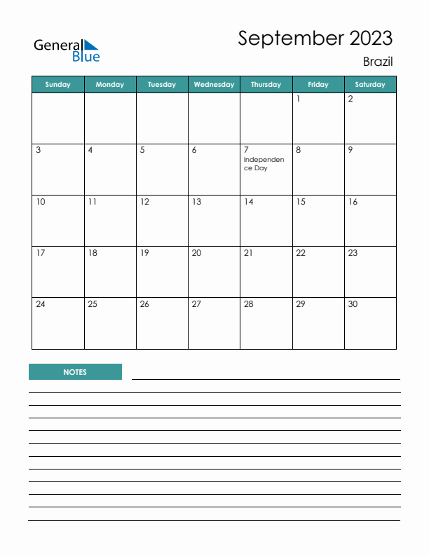 Calendar with Notes Printable - Sunday Start