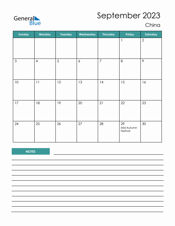 Calendar with Notes Printable - Sunday Start