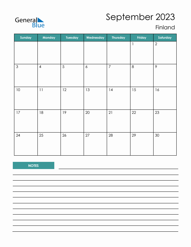 Calendar with Notes Printable - Sunday Start