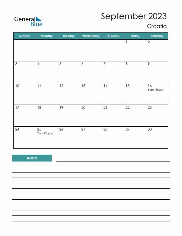 Calendar with Notes Printable - Sunday Start