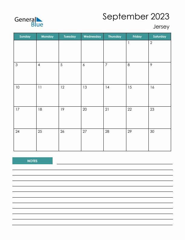 Calendar with Notes Printable - Sunday Start