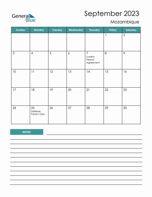 Calendar with Notes Printable - Sunday Start