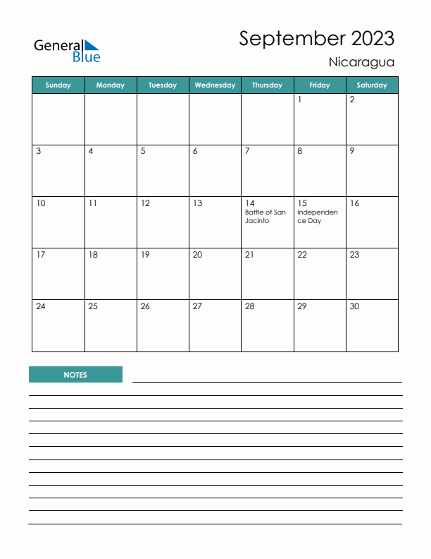 Calendar with Notes Printable - Sunday Start