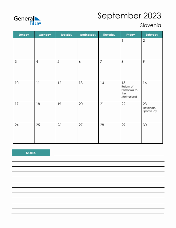 Calendar with Notes Printable - Sunday Start