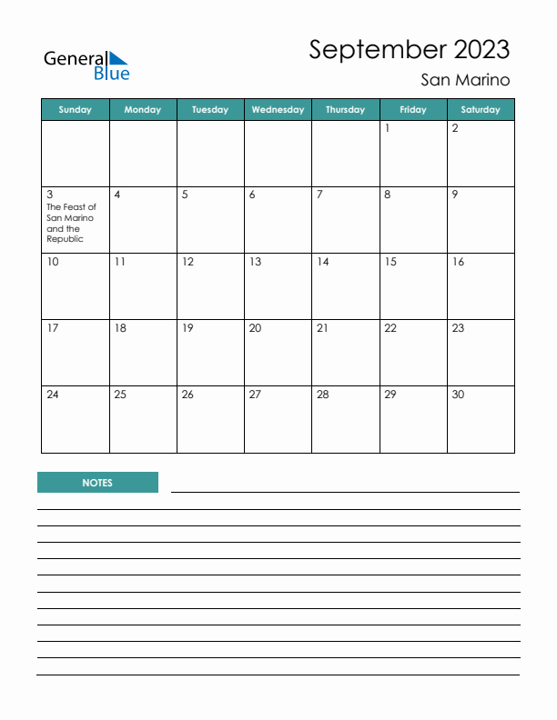 Calendar with Notes Printable - Sunday Start