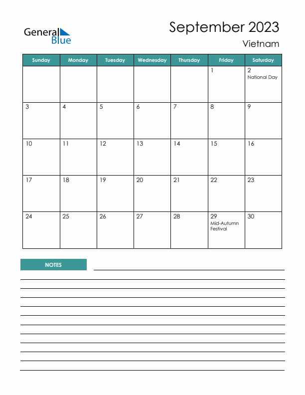 Calendar with Notes Printable - Sunday Start