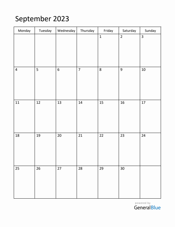 Monday Start Calendar for September 2023