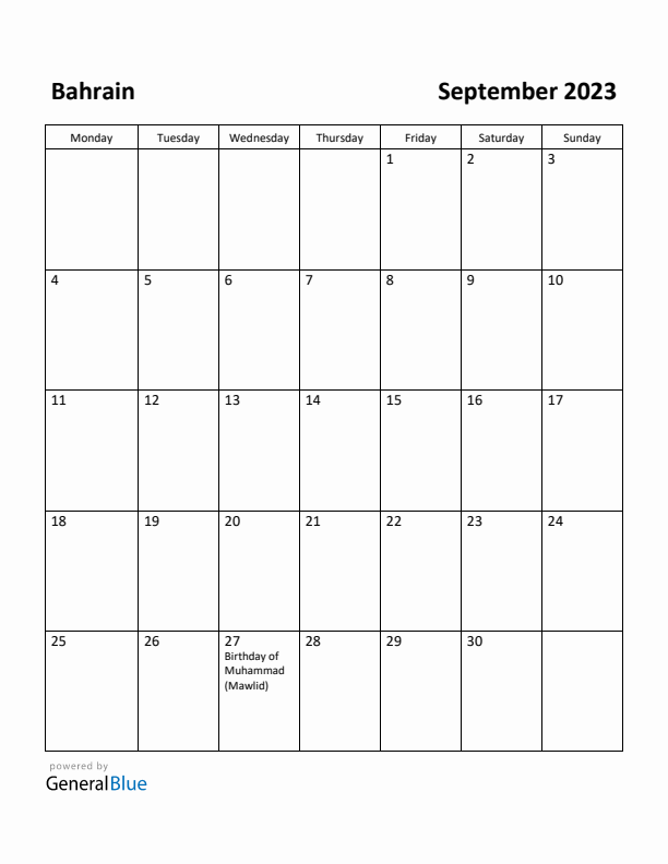 September 2023 Calendar with Bahrain Holidays