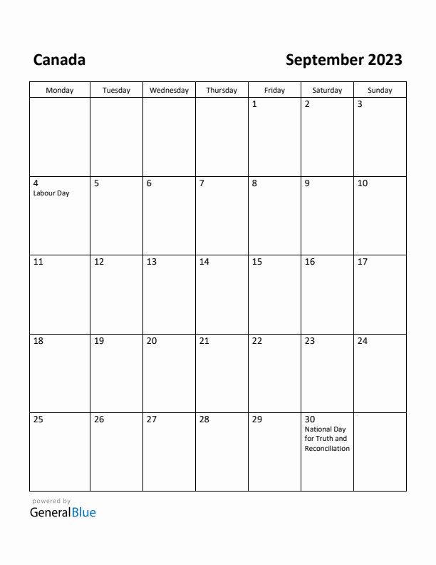 September 2023 Calendar with Canada Holidays