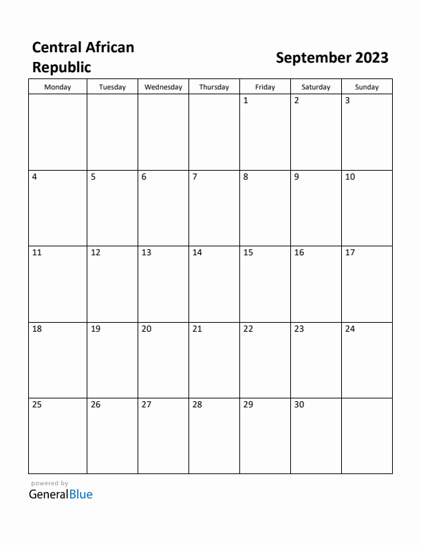 September 2023 Calendar with Central African Republic Holidays