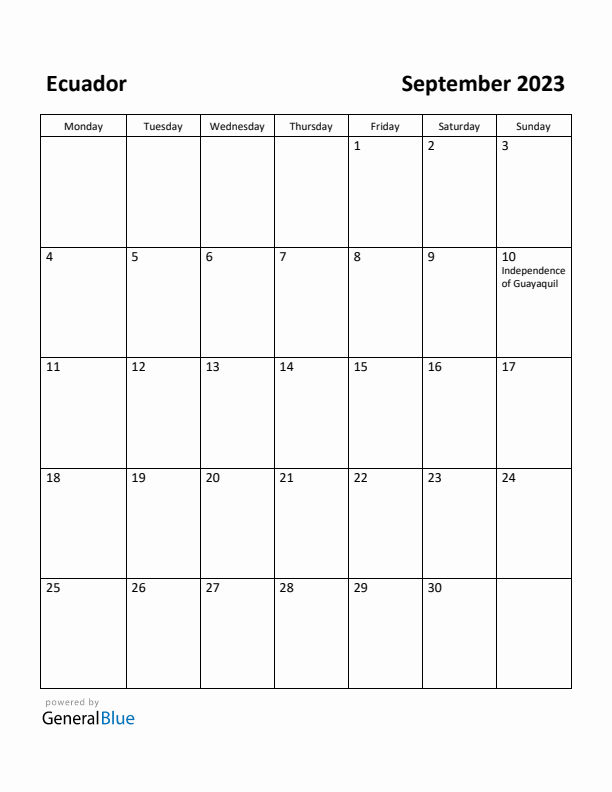 September 2023 Calendar with Ecuador Holidays