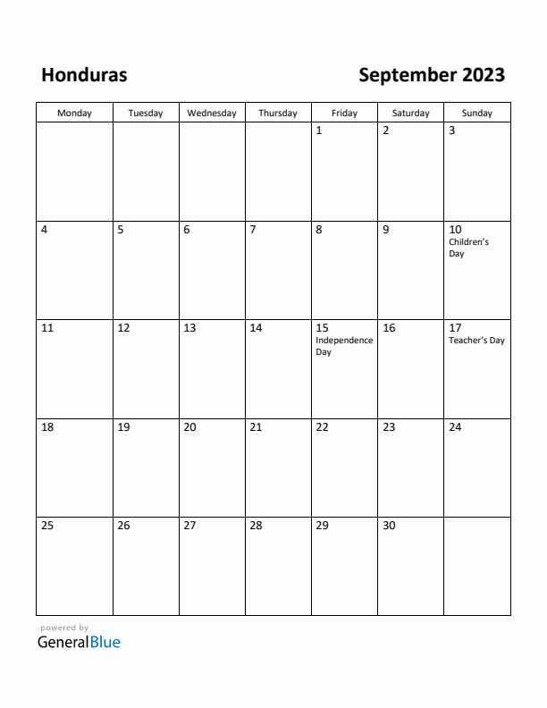 September 2023 Calendar with Honduras Holidays