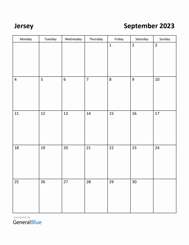 September 2023 Calendar with Jersey Holidays