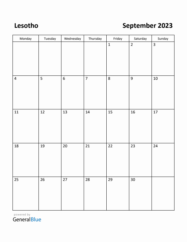 September 2023 Calendar with Lesotho Holidays