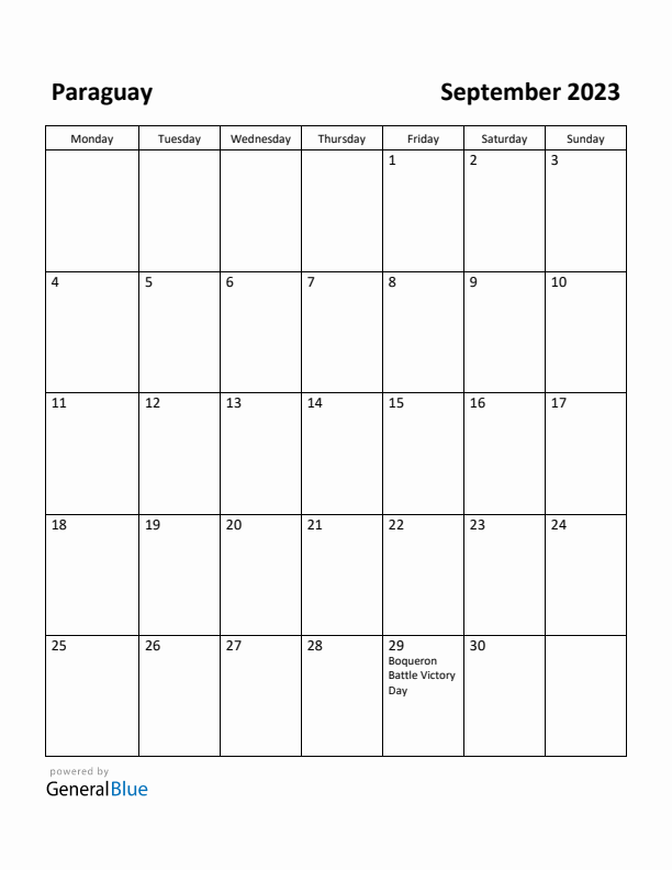 September 2023 Calendar with Paraguay Holidays