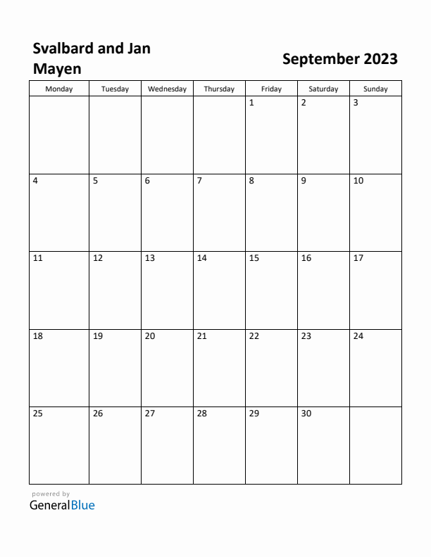 September 2023 Calendar with Svalbard and Jan Mayen Holidays