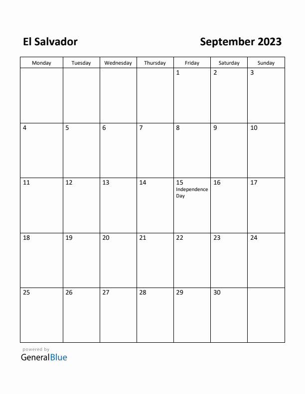 September 2023 Calendar with El Salvador Holidays