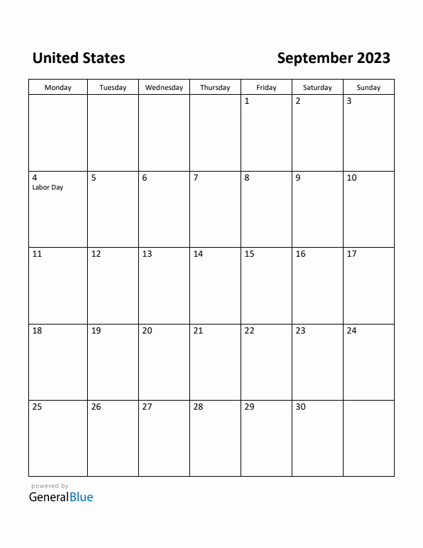 September 2023 Calendar with United States Holidays