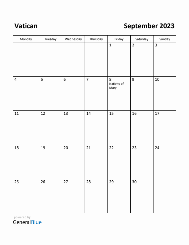 September 2023 Calendar with Vatican Holidays