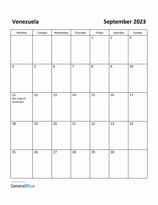 September 2023 Calendar with Venezuela Holidays